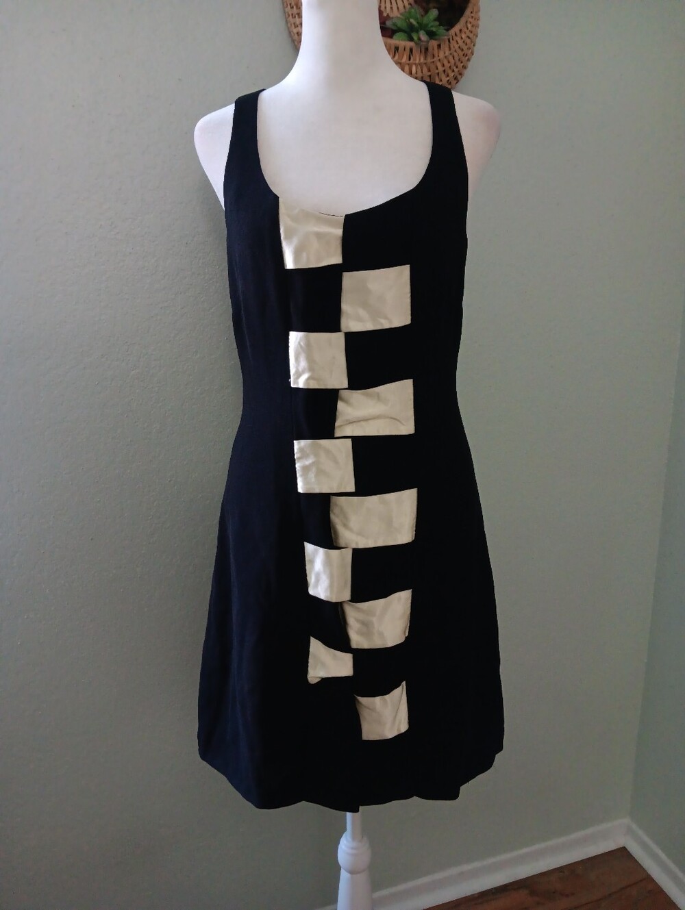 Black Dress with Cream Accent Blocks - Women's Dress Vtg 90s Colorblock